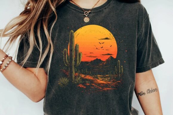 Download Vintage Desert Sunset Cactus Mountain Retro Graphic T-Shirt Design Png - Desert Collection