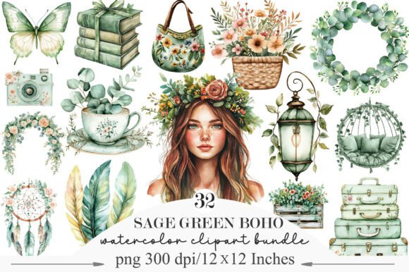 Download Watercolor Sage Green Boho Life Clipart - Sage Collection