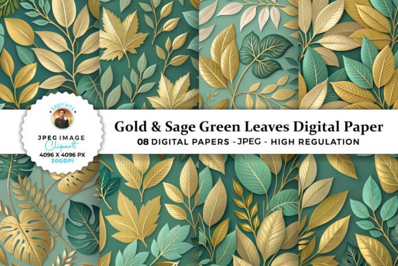 Download Gold &amp; Sage Green Leaves Digital Paper - Sage Collection