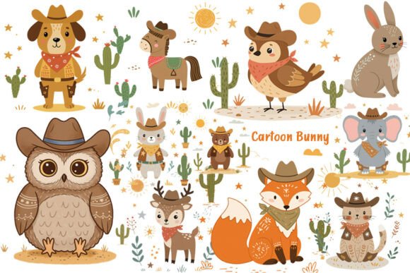 Download Western Cartoon Bunny, Fox, Owl &amp; Desert - Desert Collection